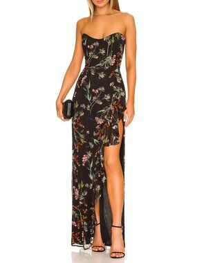 Katie May Baby Cakes Gown in Black Floral strapless flowy maxi leg split hem